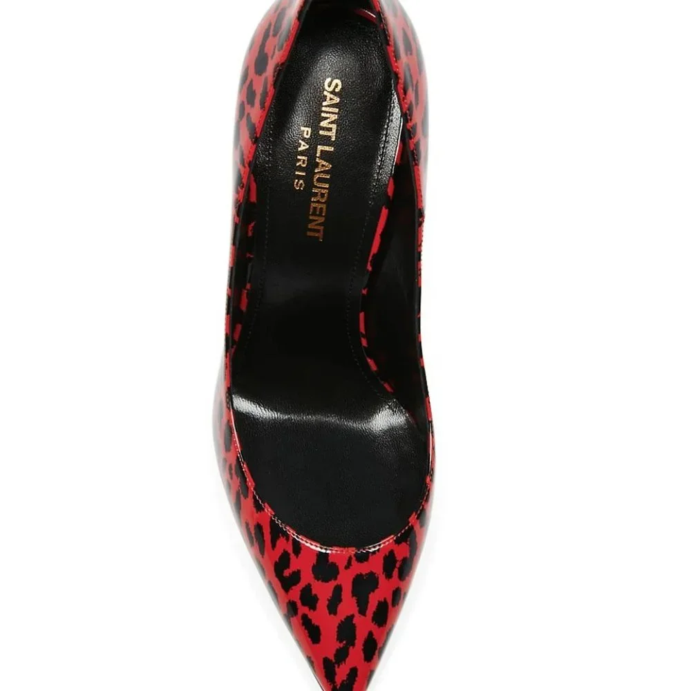 Saint Laurent ZOE 85MM Red Leopard Animal Print Patent Leather Pumps - Picture 8 of 12